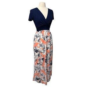 GILI Ryland Blue Floral Short Sleeve V Neck Maxi Dress Size Small